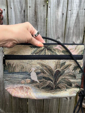 Danny K. Tapestry Crossbody Bag Tropical Palm Tree Flamingo Heron Canvas Purse